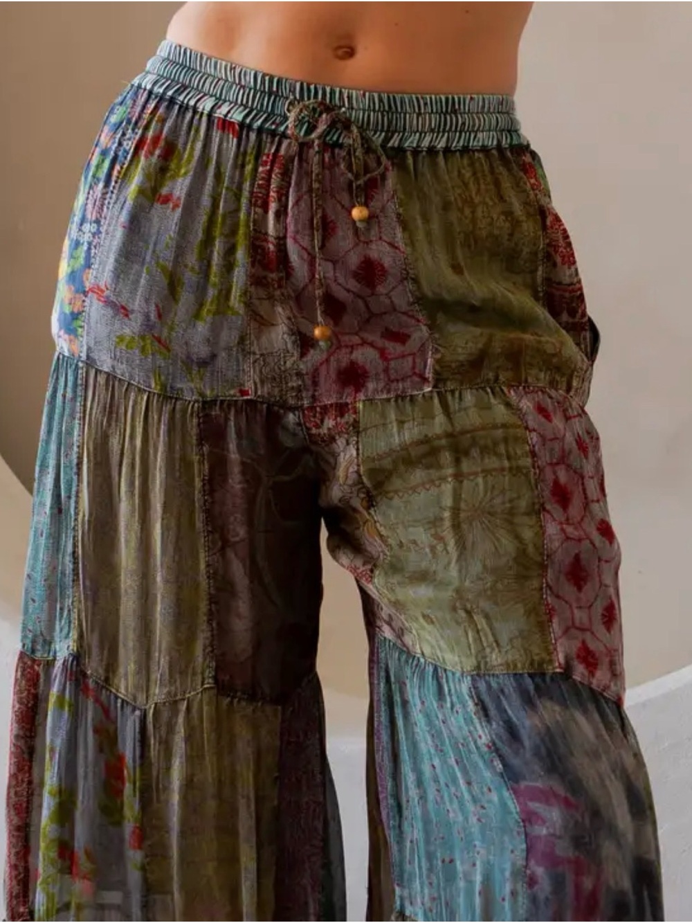 K162 Young Threads Sz 1X Boho Palazzo Patchwork Pants Drawstring Tie Pockets NWT